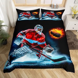 Manfei Hockey Kids Duvet Cover Set Twin Size, Winter Ice Hockey Sports Bedding Quilt Cover for Boys Girls Adults Bedroom Decor, Hockey Player Ball Gmaing Comforter Cover with 1 Pillowcase, No Filler