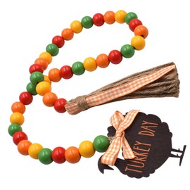 FELTECHELECTR Thanksgiving Wood Bead Garland with Tassel Rustic Wall Hanging Bead Decor for and Party Elegant Ornament for Tiered Tray and Holiday Decor