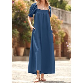 KIRUNDO Women 2024 Summer Maxi Dress Casual Loose Puff Sleeve Square Neck Maternity Flowy Long Beach Dresses with Pockets(Dark Blue, Small)