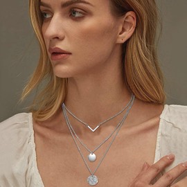 YAFEINI 925 Sterling Silver Layered Necklace Multilayer Dainty Coin Circle Pendant Triple Layering Necklace Jewelry Gifts for Women