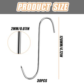 Stainless Steel Meat Hooks, 30 Pieces S-shaped Wall Hooks, Smoking Hooks Stainless Steel S-Hooks, Sharp Butcher Hooks for Bathroom, Office, Meat Smoking, Meat Processing BBQ, 12 cm