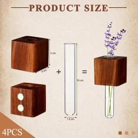 Kingdder 4 Pcs Test Tube Vase Fridge Decor Beechwood Fridge Plant Propagation Station, Mini Glass Refrigerator Vase, Cube Bud Glass for Home Decoration, Flower Display(Black Walnut Color)