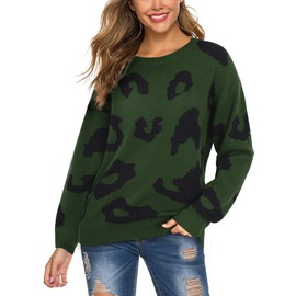 LAISHEN Women's Sweaters Fall Fashion 2025 Leopard Long Sleeve Tops Casual Crew Neck Knit Chunky Sweater Pullover Dark Green