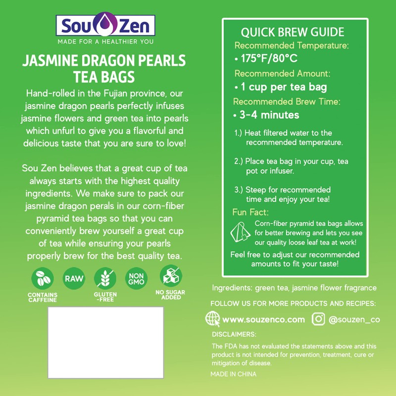 Sou Zen Jasmine Dragon Pearls | 30 Corn-Fiber Pyramid Tea