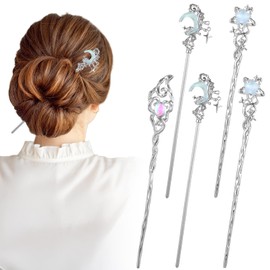 5PCS Star Moon Hair Sticks for Buns, Vintage Hair Sticks, Metal Hair Bun Updo Holders Chopsticks Hair Styling Hair Accessories for Long Hair Women Girls (Silver)