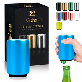 GOCHA Gadgets, Abridor magnético de botellas de acero inoxidable para abrir botellas y presionar, abrebotellas de acero inoxidable, abrebotellas con imán automático para empujar y jalar, paquete de 1 (azul neón)