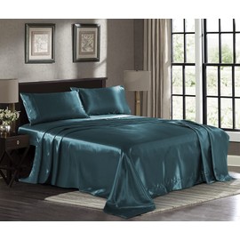 Satin Sheets Full [4-Piece, Teal] Hotel Luxury Silky Bed Sheets - Extra Soft 1800 Microfiber Sheet Set, Wrinkle, Fade, Stain Resistant - Deep Pocket Fitted Sheet, Flat Sheet, Pillow Cases