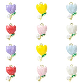 LiQunSweet 18 pcs 6 Colors Tulip Flower Theme Alloy Enamel Charms Lovely Spring Floral Charms with Imitation Pearl Beads for Jewelry Making Necklace Bracelet Earring DIY Craft