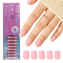 Jellyqueen Puntas de uñas postizas de gel francés a presión, 150 piezas de puntas de uñas cuadradas cortas, puntas de gel suave multicolor rosa a pres