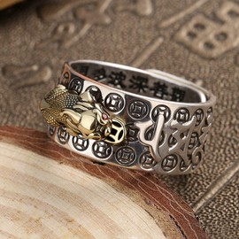 juanxian Feng Shui Amulet New Vintage Pixiu Pi Yao Silver Ring Protection Wealth Lucky Adjustable Ring Buddhist Mani Mantra Protection Wealth Ring Lucky Tibetan Talisman Ring W4710-Golden Pixiu