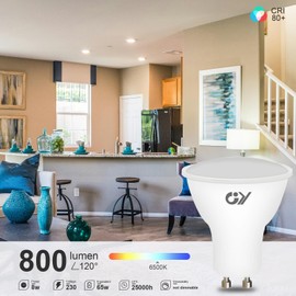 GY GU10 LED Cool White Bulb, 8 W, 6500 K, 800 Lumens, Cool White Bulbs, Replaces 80 W Halogen Bulbs, 120° Beam Angle Reflector, Not Dimmable, Pack of 12