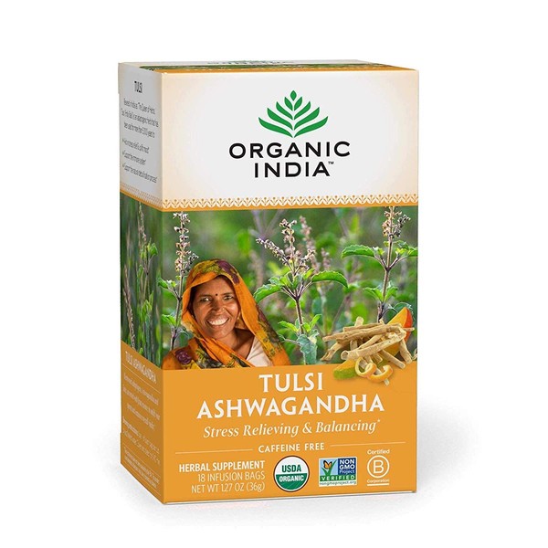 Organic India Calming Tulsi Herbal Tea Favorites - Ashwagandha, Honey Chamomile, Sleep - Adaptogen, Vegan, Gluten-Free, USDA Certified Organic, Non-GMO - 18 Infusion Bags