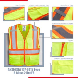Safety Vest High Visibility-KAYGO KG0100,Reflective vest with 4 Pockets and Zipper,Meet ANSI/ISEA 107-2015 Type R Class2 Not FR