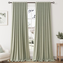 Sage Green Linen Blackout Curtains for Bedroom 102 Inch Length 2 Panels Set Back Tab Pocket Neutral Farmhouse Living Room Darkening Curtains Track System Thermal Insulated Black Out Drapes 52x102