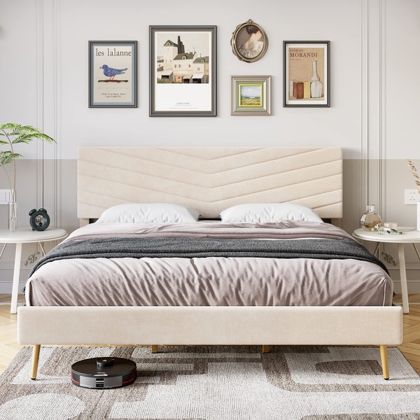 IDEALHOUSE King Size Bed Frame with Adjustable Headboard, Velvet Upholstered