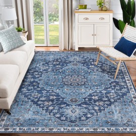 GarveeHome Large Living Room Area Rug 9x12 Vintage Washable Rug, Non Slip Distressed Floor Carpet, Low Pile Oriental Medallion Floral Printed Rug, Indoor Soft Foldable Rug for Bedroom, Blue