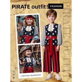 Verceco 6PCS Kids Pirate Costume for Boys Captain Cosplay Dress Up Set Pirate Outfit with Deluxe Accessories (Black, 110 (3-4 years))