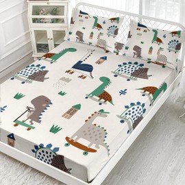 AILONEN Dinosaur Fitted Sheet Set Twin XL Size for Boys Girls - Cute Cartoon Skateboard Print Bedsheet Set, 1 Fitted Sheet and 2 Pillowcases, 3 Pieces