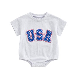 FEIBEL 4th of July Baby Outfit Infant Boy Girl Bubble Romper USA Embroidery Short-Sleeve Crewneck One-Piece Holiday Outfit (Light Gray 3, 3-6 Months)