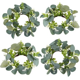 Rhytsing 4pcs Artificial Eucalyptus Leaves Candle Rings, Wreaths of Pillar Candles for Wedding and Home Decoration, Green Candlestick Holders for Spring and Summer - Inner Diameter: 3.5"