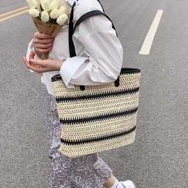 YXCXGO Bolsa de playa grande para mujer, bolsa de hombro de paja de verano, Negro -