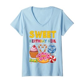 Womens Sweet Birthday Girl Candyland Colorful Lollipop Kids Party V-Neck T-Shirt