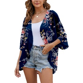 Heynino Women's Floral Print Casual Kimono Cover up Sheer Loose Blouse Tops Deep Blue 3XL