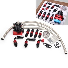 WENJTP EFI Fuel Pressure Regulator Kit with 0-100psi Pressure Gauge AN6-6AN Aluminum Adjustable Universal Fuel Line Hose Fitting Connectors Kit Black&Red HTRACING