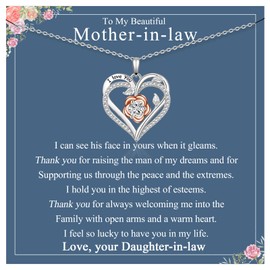 JETBON Mother in Law Gifts From Daughter in Law Silver Heart Rose Mum Necklaces for Women Gift for Husbands Mum Christmas Mothers Day Birthday Wedding Present Bonus Mum Jewellery with Gift Box