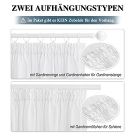 PONY DANCE Linen Curtain White Semi-Transparent Extra Wide Curtains with Ruffle Tape White Curtain Living Room Curtains Short Linen Look Set of 1 H 160 x W 280 cm