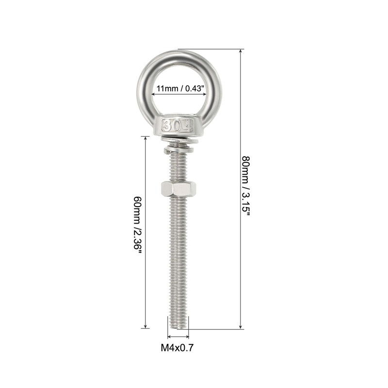 sourcing map M4 3/16"x2.36" Stainless Steel Eye Bolts Threaded Screw