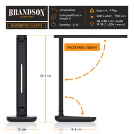 Brandson - LED desk lamp in leather look - 42 LEDs dimmable - 3 brightness levels and 3 colour temperatures - Desk lamp - 200 lumens - Sensor Touch - with power supply - 5 W - Energy efficiency class