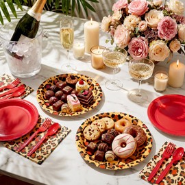 Uiifan 144 Pcs Red Cheetah Print Party Supplies - Disposable Leopard Birthday Themed Tableware Set for 24 Guests with Plate Plastic Spoons Forks Knives Napkins, Jungle Animal Birthday Cheetah Theme