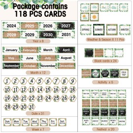 Fulmoon 119 Pcs Greenery Classroom Calendar Pocket Chart Set Calendar Bulletin Board Set with Pocket Seasons Festival Weather Calendar Pocket Chart for Classroom Decoration Back to Pocket Charts