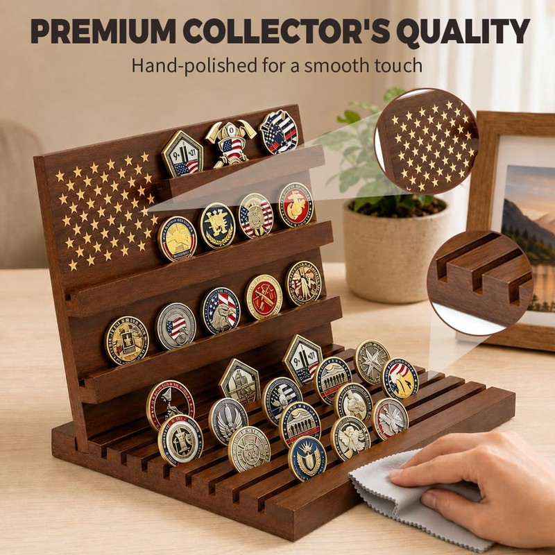 Challenge Coin Display, Solid Wood Military Holder Up to 80