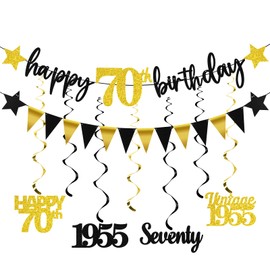 70th Birthday Decorations for Men Women, 12PCS Black Gold Happy 70th Birthday Banner Triangle Flag Banner Glitter Hanging Swirls, Vintage 1955 Cheers to 70 Years Old Decor Party Supplies