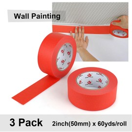 BOMEI PACK Red Painters Tape 2 inch Wide, 3 Rolls Red Masking Tape 2 inch x 60 Yards (180 Total Yards) Residue-Free Painting Tape for Labeling, DIY Crafting, Decoration and School Projects