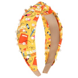 YARIEW Teacher Knotted Headband for Women Book Pencil Rhinestone Pearl Embellished Teacher Headbands Jeweled Headband Top Knot Hair Accessories for Women Back To School Supplies Yellow