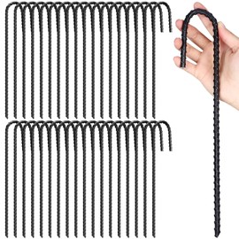 Sadnyy 36 Pcs 12 Inch Rebar Stakes Metal Chain Link Stakes for Ground Fence Garden Heavy Duty J Hook Black Steel Tent Post Stake with Chisel Point End Anchor Curved Plant Support for Trampoline