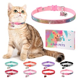 DILLYBUD Rhinestone Cat Collar Breakaway with Bell, Diamond Cat Collar with Safety Buckle Quick Release for Girl Boy Small Kitten Pets Puppy,Cute Soft Female Male Cat Collars, Colorful Pink 8-12"