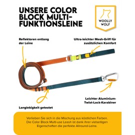 Woolly Wolf Color Block Multi-Use Lead Terracotta Mix - Adjustable Dog Lead 170 to 300 cm, Reflective Lead Made of Recycled Polyester