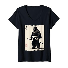 Womens Samurai Bigfoot Japanese Warrior Tradition Culture Ukiyo-e V-Neck T-Shirt