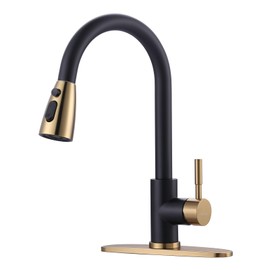 Black and Gold Kitchen Faucet with Sprayer, WOWOW Kitchen Sink Faucet Stainless Steel Single Handle Kitchen Faucets with Deck Plate, 360 Swivel High Arc Single Hole RV Kitchen Faucet