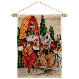Angeleno Heritage Holiday Mouses Burlap Garden Flag Set Wood Dowel Winter Christmas Santa Marry Xmas Present Reindeer Season Wintertime Snow House Banner Small Yard Gift Double-Sided, Made in USA