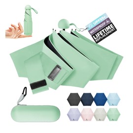 LILAC Travel Mini Umbrella Compact Small & Lightweight, UV Rain Protection, Pocket-Sized Folding Umbrellas with Quickdraw & Case for Men Women & Kids Backpack Green (NEW)