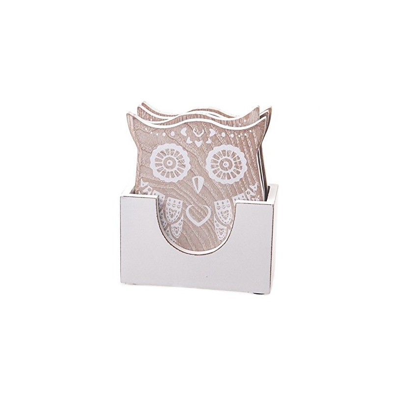 Coasters Owl Whitewashed Wood Set of 4