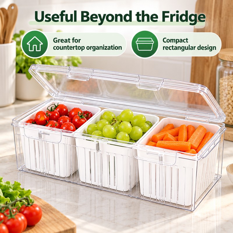 Refrigerator Food Storage Container with 3 Removable Baskets and Lid