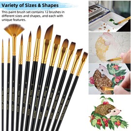 Paint Brushes, Professional Fine Tip Paint Brush Set Round Pointed Tip Nylon Hair Artist Acrylic Brush for Acrylic Watercolor Oil Painting (Black-12 Set)