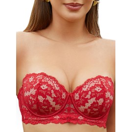 zossav Strapless Bra Push Up Lace Padded Convertible Multiway Underwire Bras Add 1 Cup 34C Red