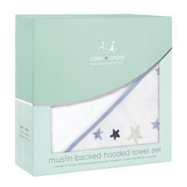 Aden and Anais Rock Star Muslin Backed Hooded Towel and Washcloth Set, Blue, White, 2 Count